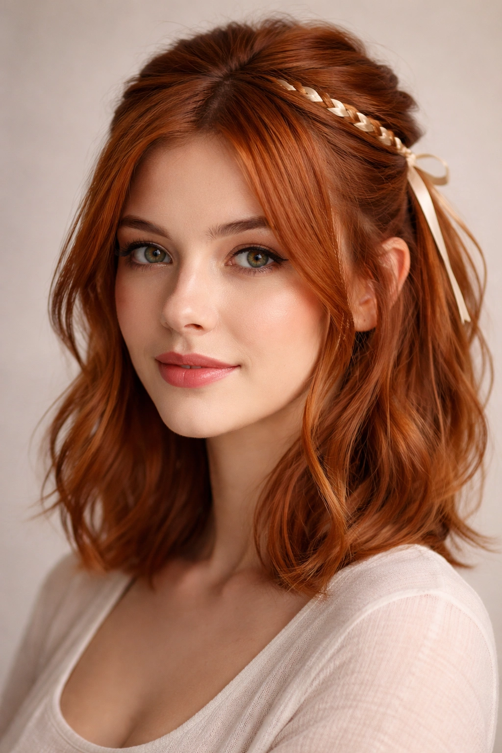 Short red hair half-up with a delicate ribbon woven through the pull-back