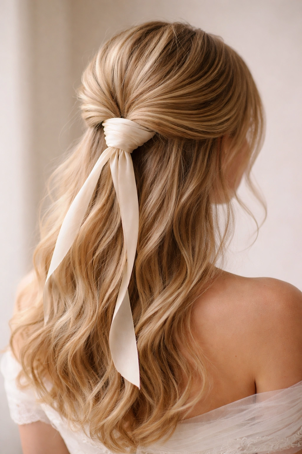 Bridesmaid half-up with silk ribbon wrapped at the base