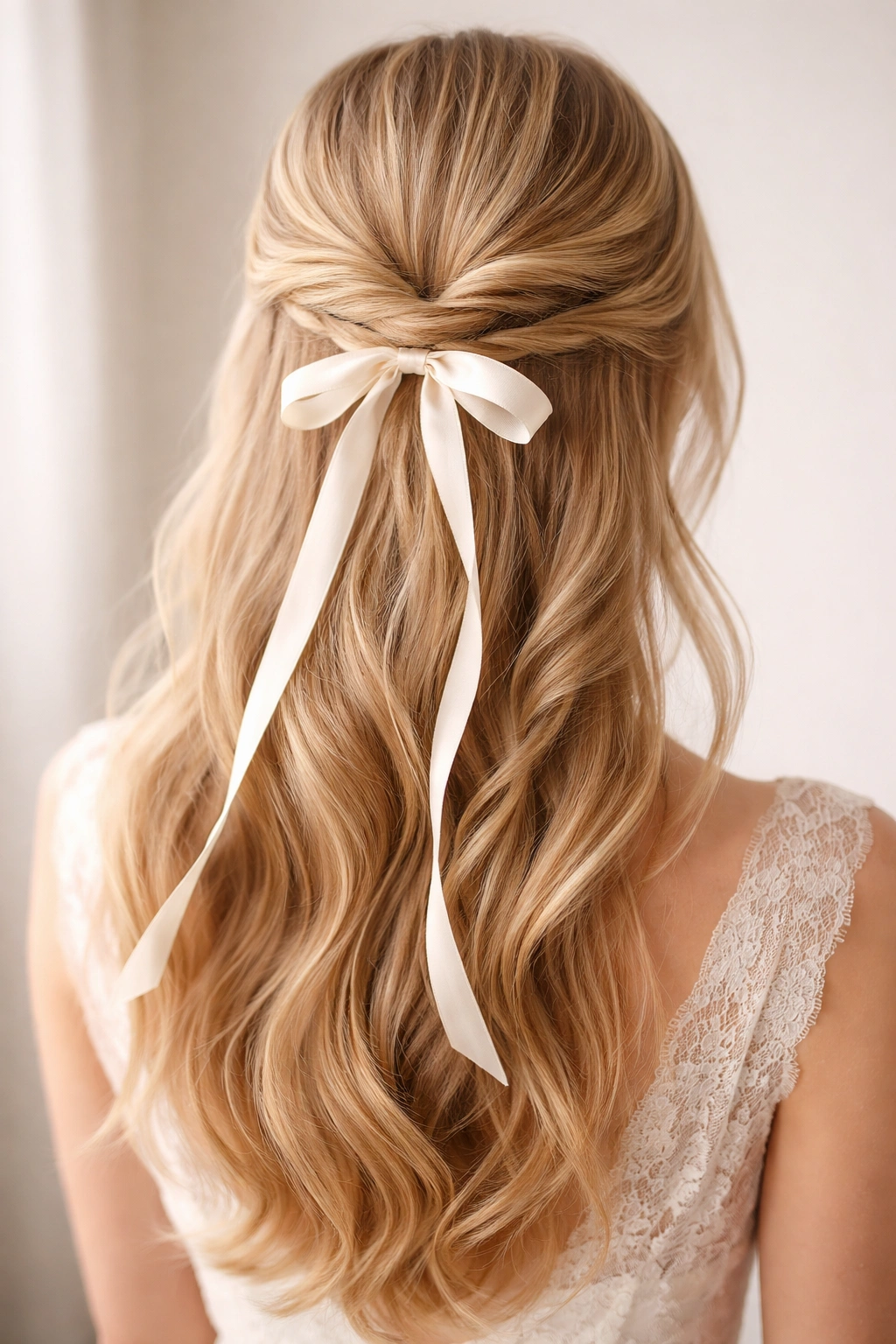 Medium shot of half-up hairstyle with ribbon-wrapped twist and lower twists in soft studio lighting