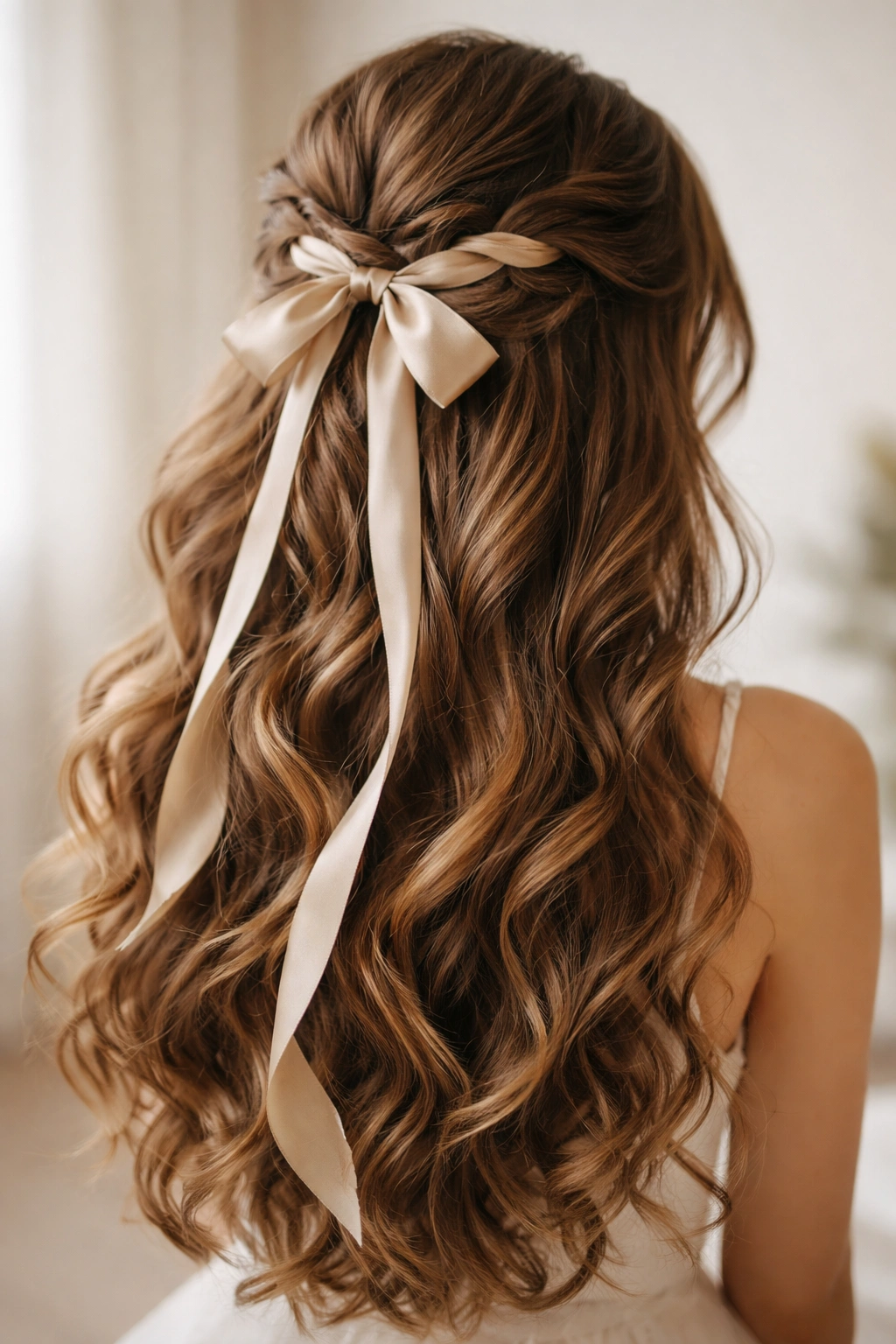 Thick hair half-up with ribbon detail