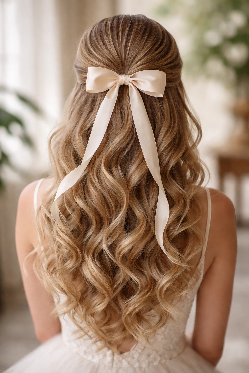 Back view of ribbon loop with cascading curls hairstyle