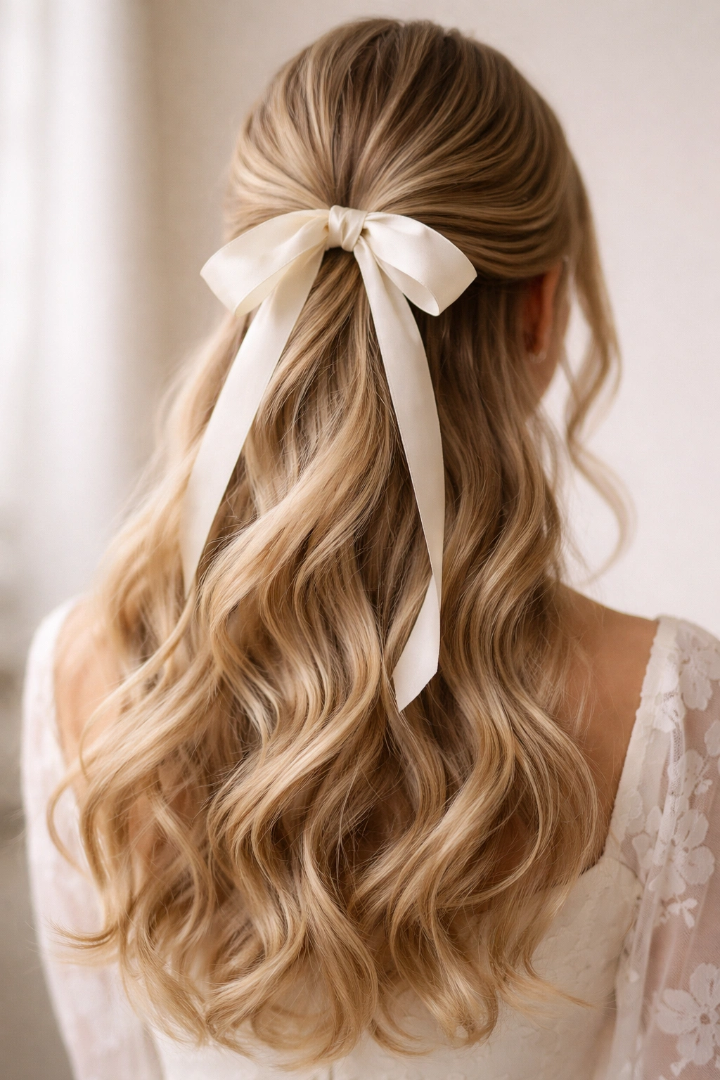 Close-up of classic ribbon-wrapped ponytail with loose waves, bridal hairstyle