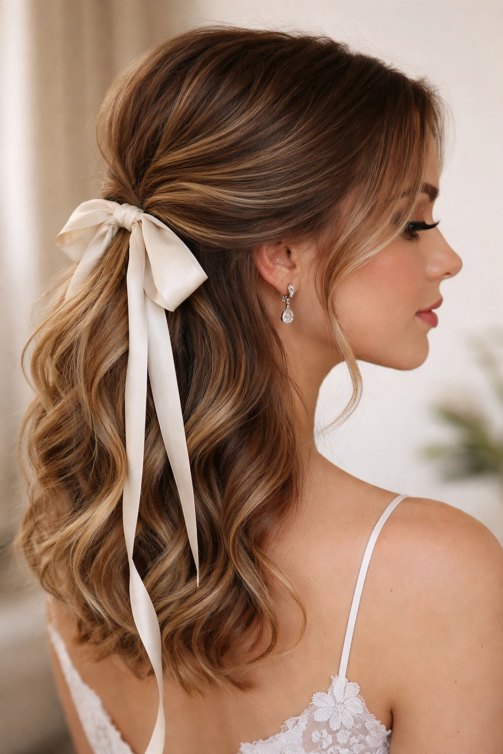 Close-up of low side ponytail half-up with ribbon woven at the base