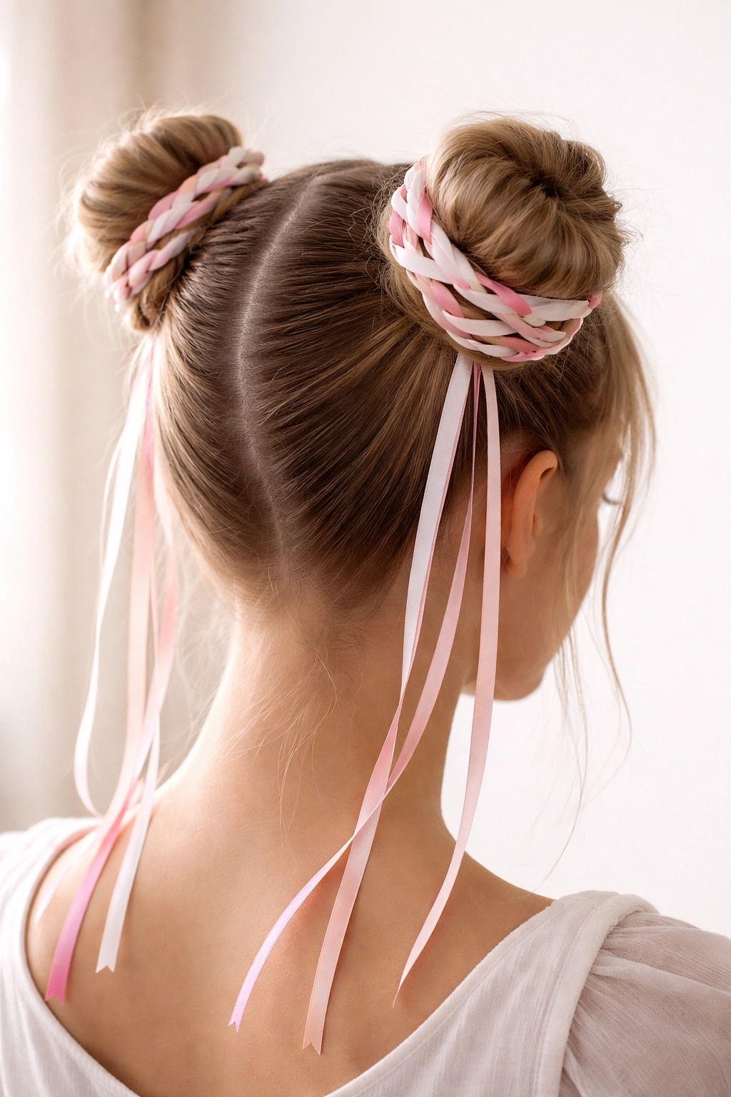 Space buns woven with ribbon details on straight hair in studio lighting