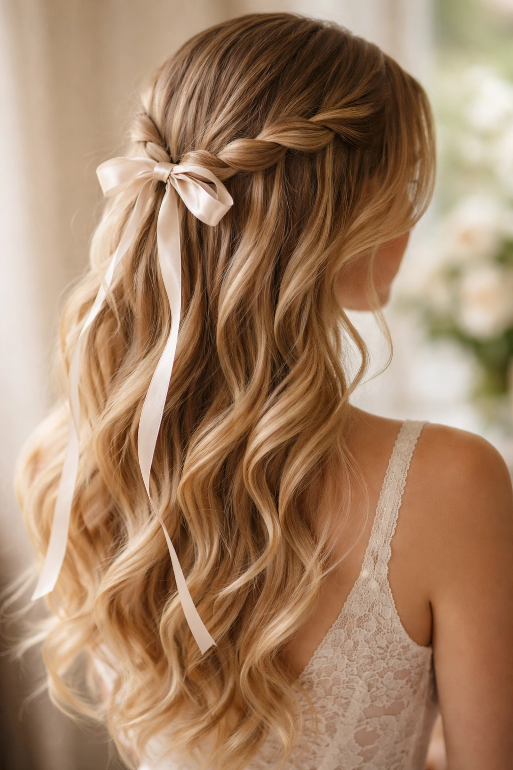 Side view of twisted ribbon accent with waterfall hair strands