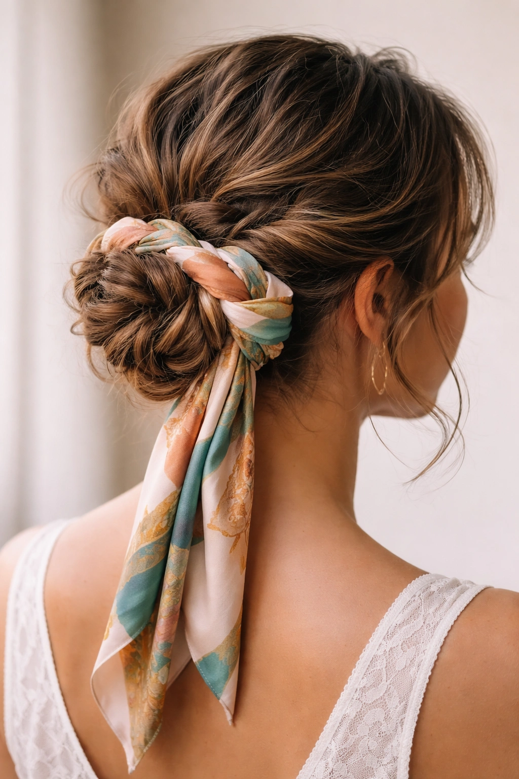 Close-up of a short wavy updo with a silk ribbon woven through a low bun