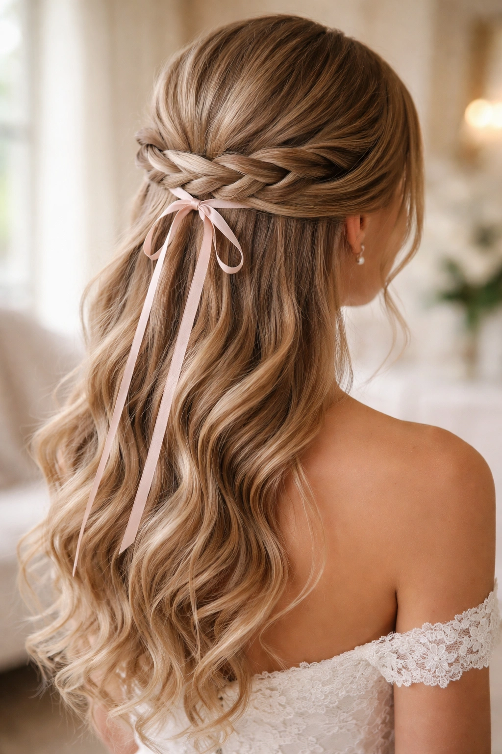Close-up of The Low Half-Up with Ribbon Weave featuring a thin ribbon woven through gathered hair