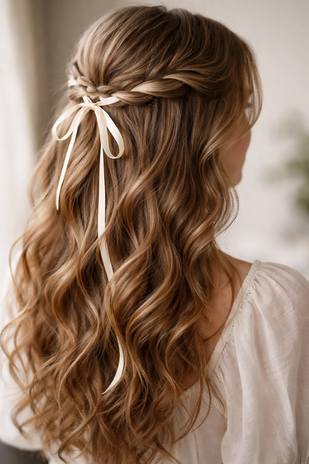 Close-up of a wavy half-up hairstyle with a thin ribbon woven through the top section
