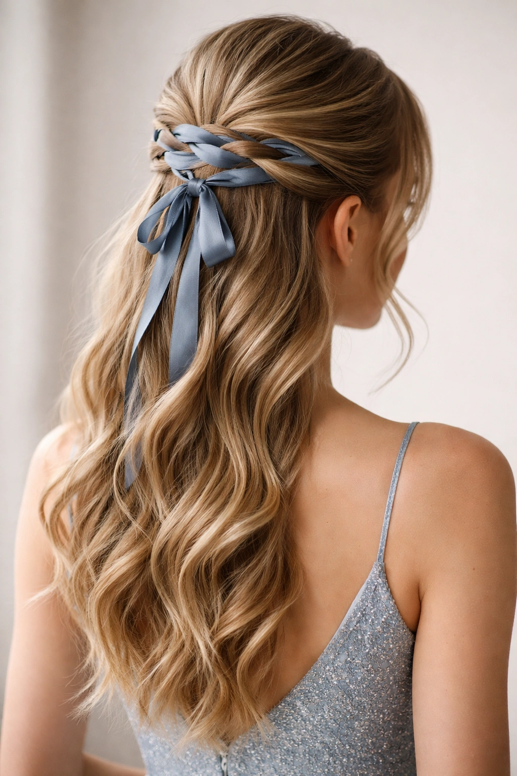 Half-up ponytail with a ribbon woven through the gathered hair