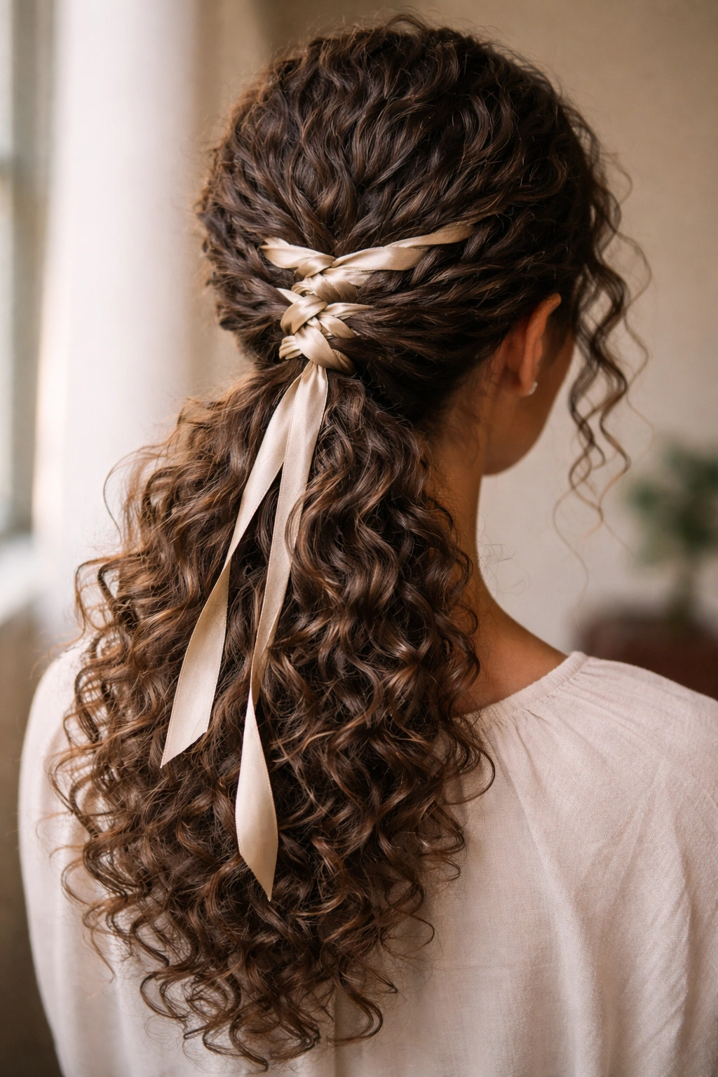 Close-up of a curly low ponytail with silk ribbon threaded through weaving sections