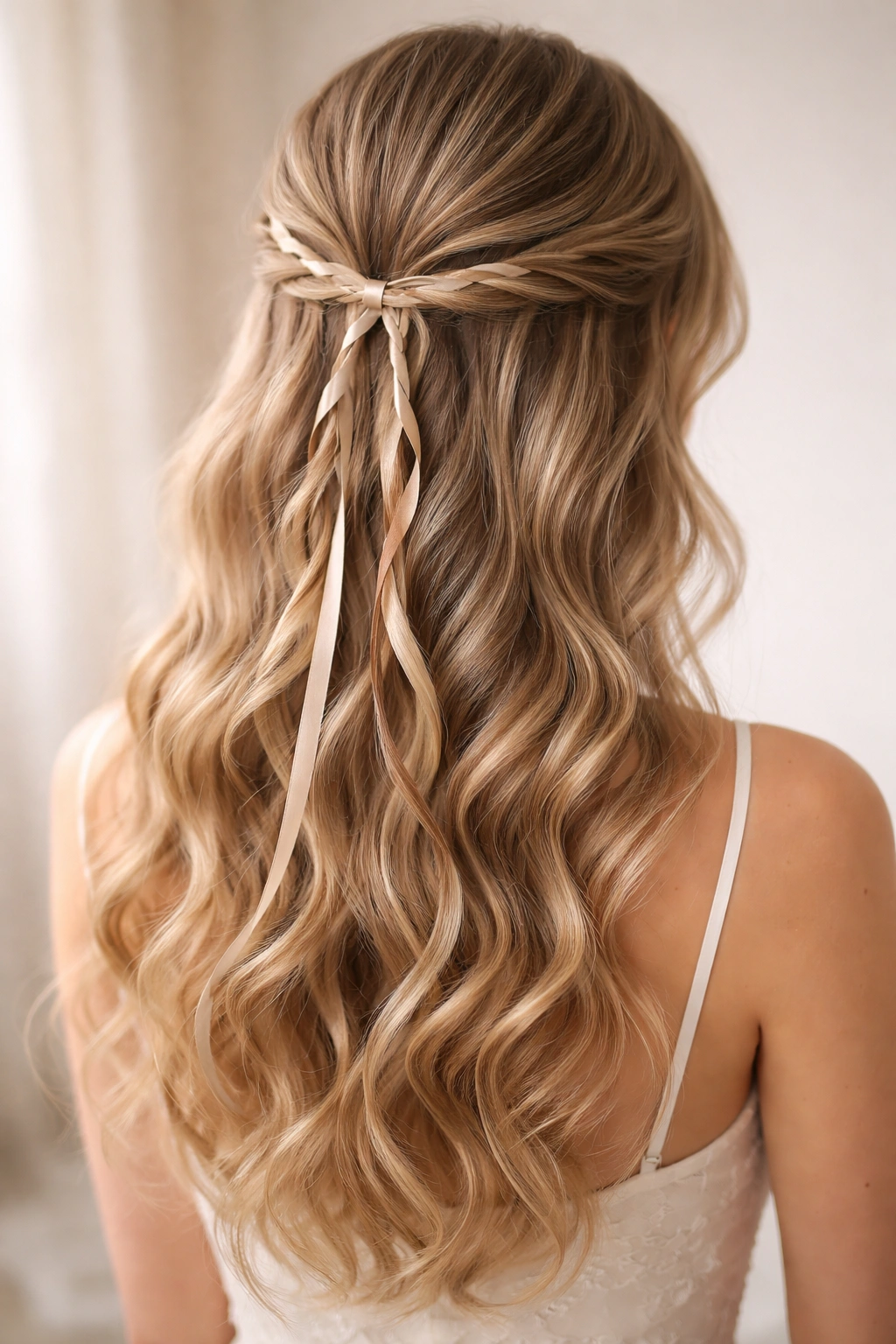Close-up of a prom hairstyle featuring a delicate ribbon woven through soft waves in a half-up