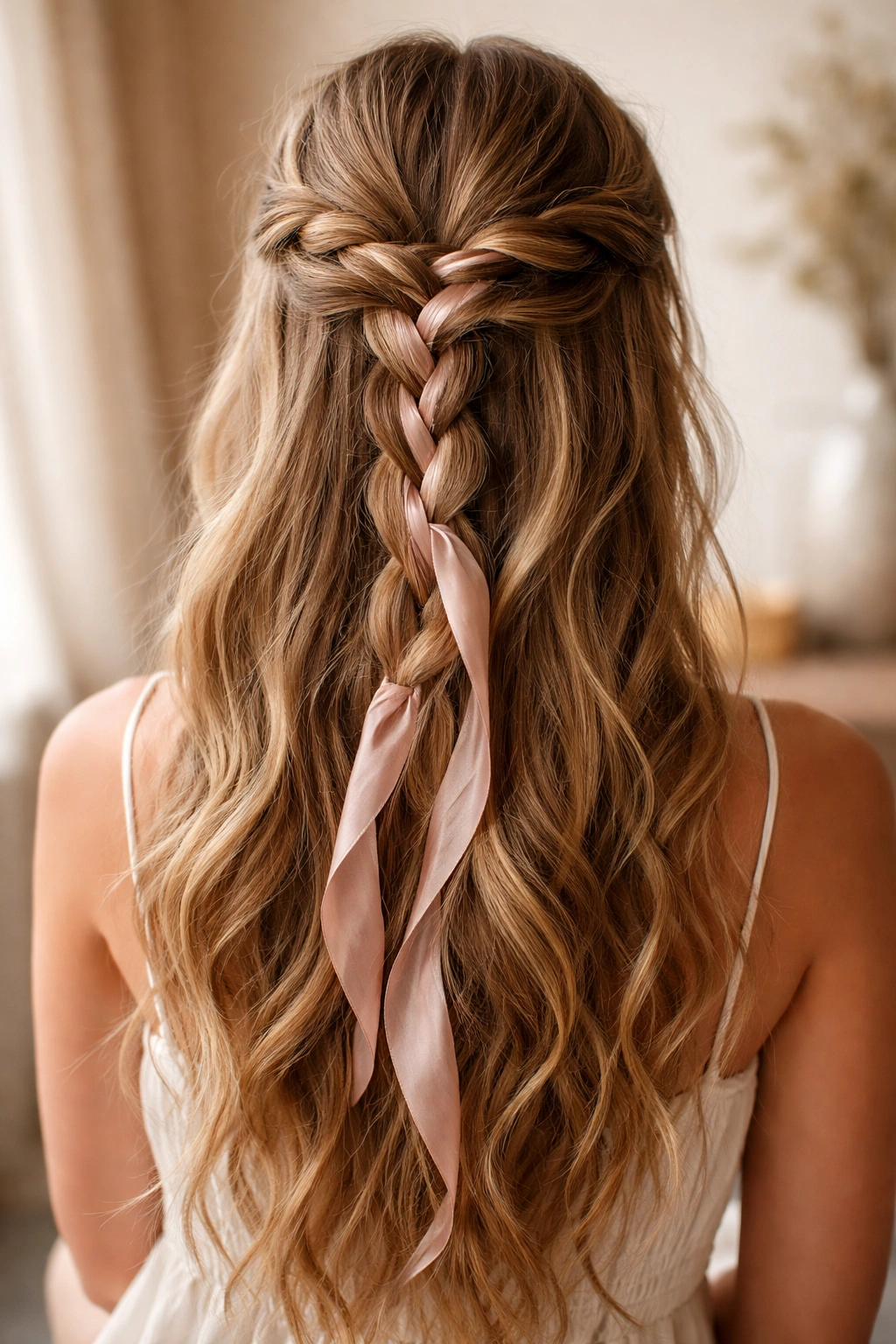 Braid with ribbon woven through the center back for a boho look.