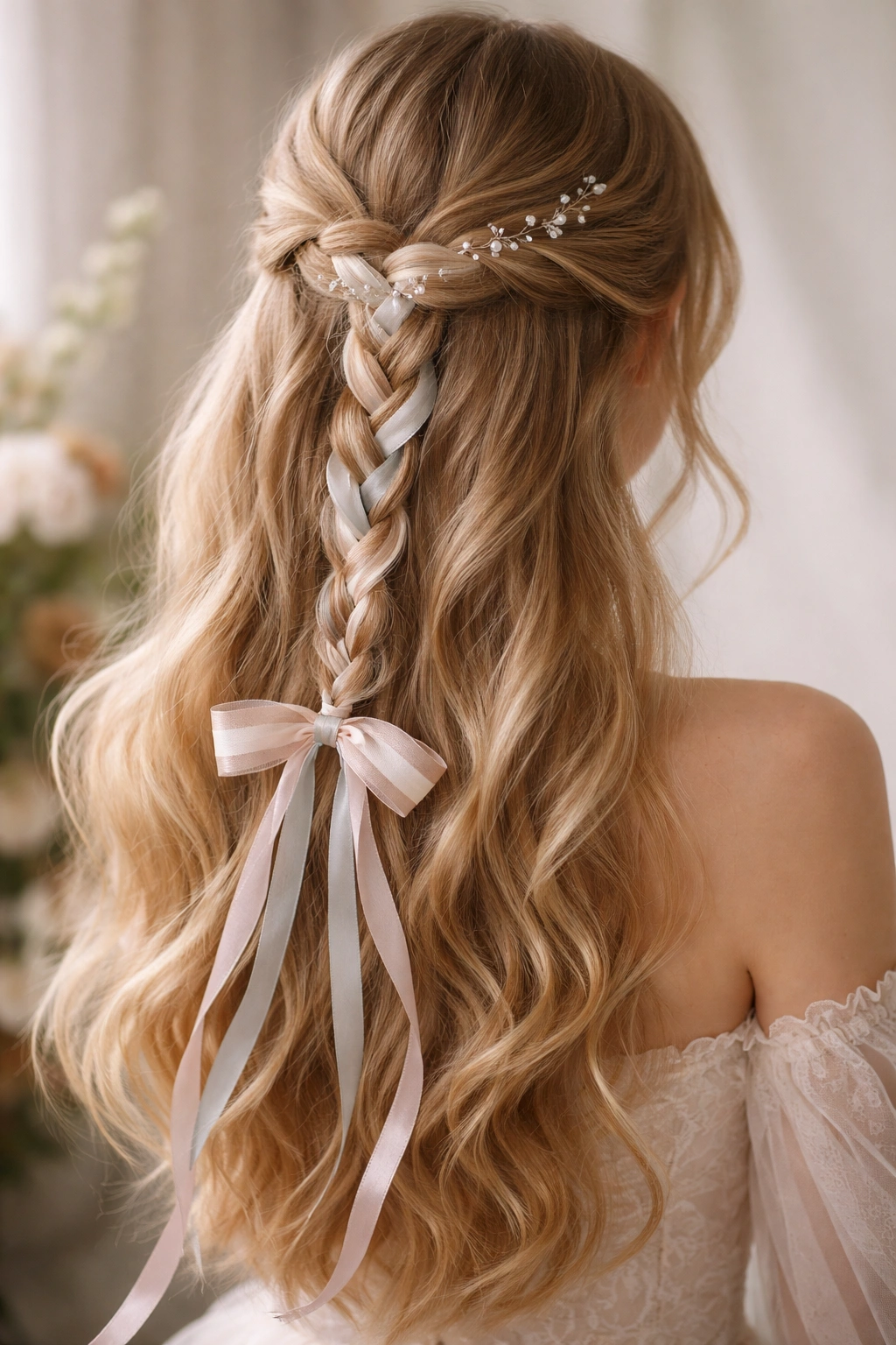 Close-up of ribbon-woven half up hairstyle with a delicate ribbon weaving through the braid.