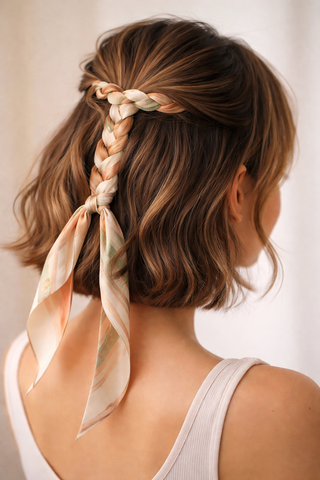 Half ponytail with woven ribbon through gathered hair