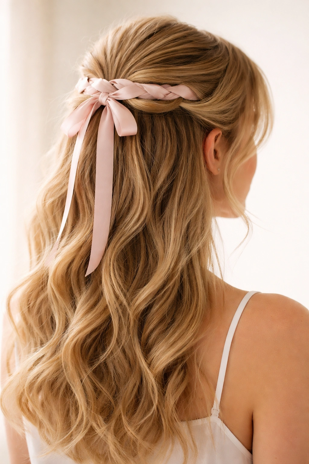 Close-up of ribbon woven through the top half of hair with loose waves below
