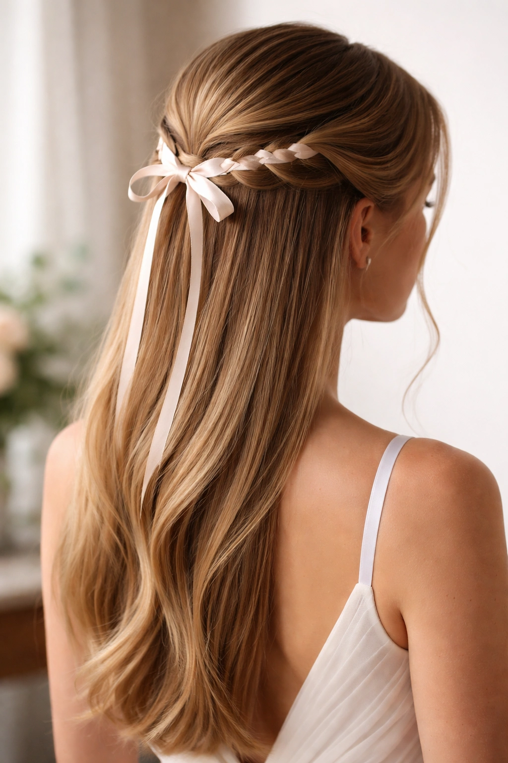 Ribbon woven through the top half-up hairstyle on straight hair