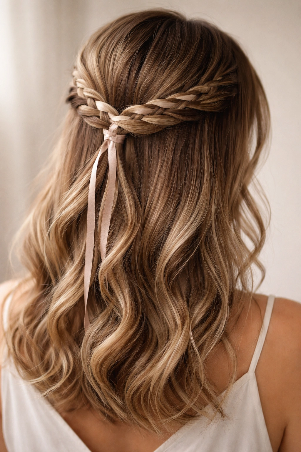 Close-up of ribbon woven through a braid at the crown creating a delicate, decorative detail.