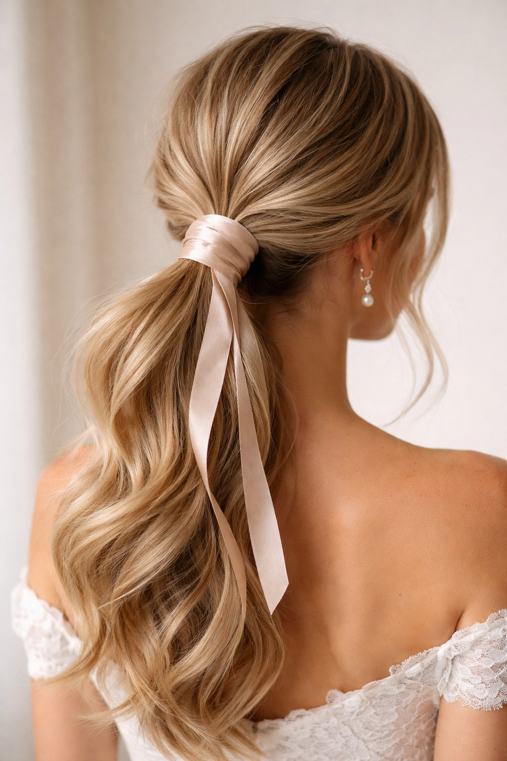 Ribbon-wrapped ponytail with silk ribbon around base