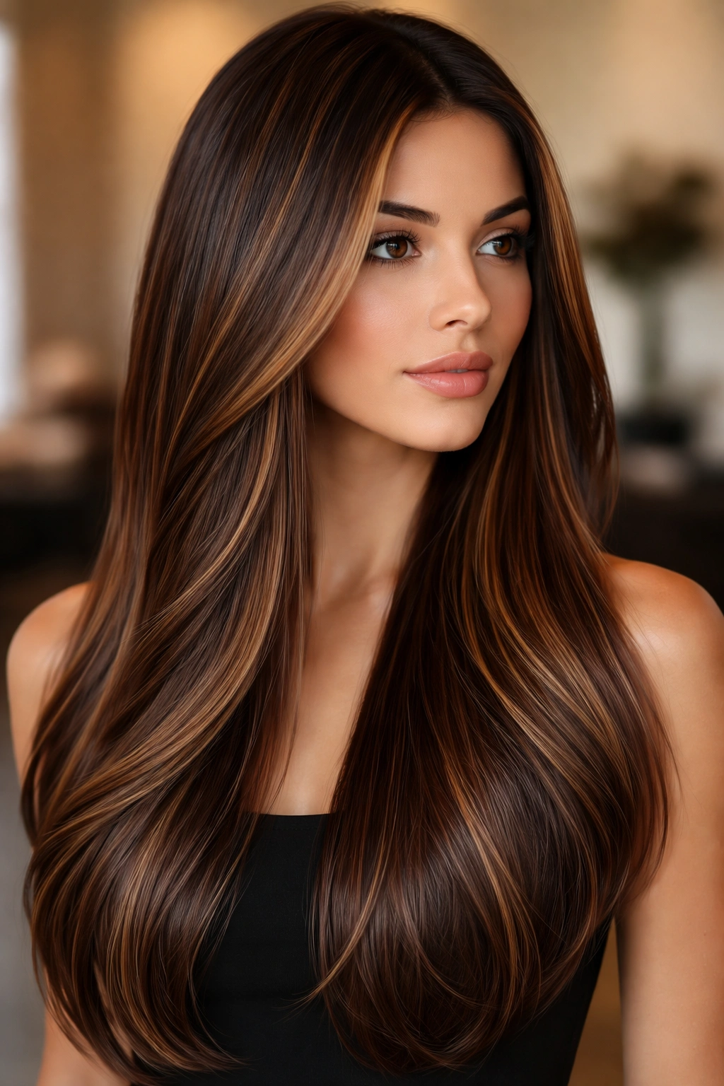 Straight hair with rich chocolate balayage and caramel highlights