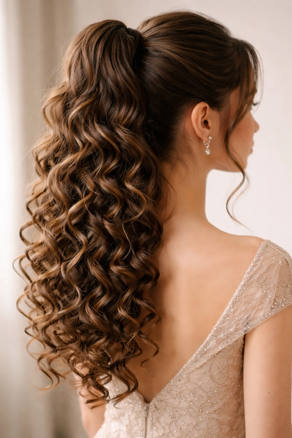 Ringlet curls cascading from a high ponytail with distinct ringlets on a neutral studio background