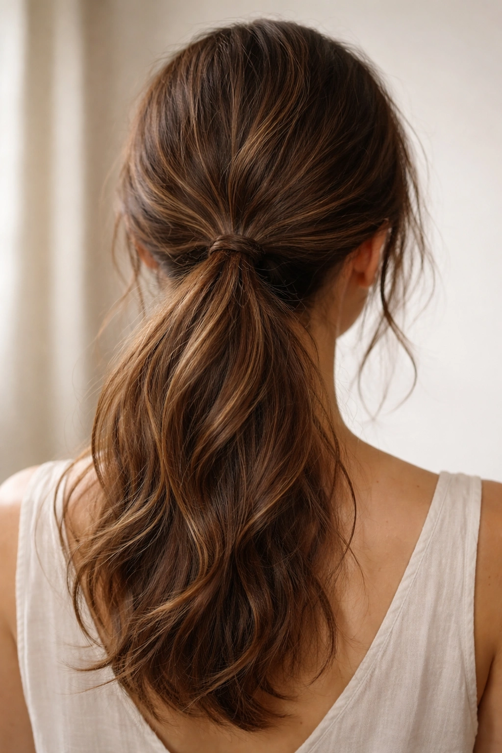 Low roasted brown ponytail with soft undone texture and wispy strands