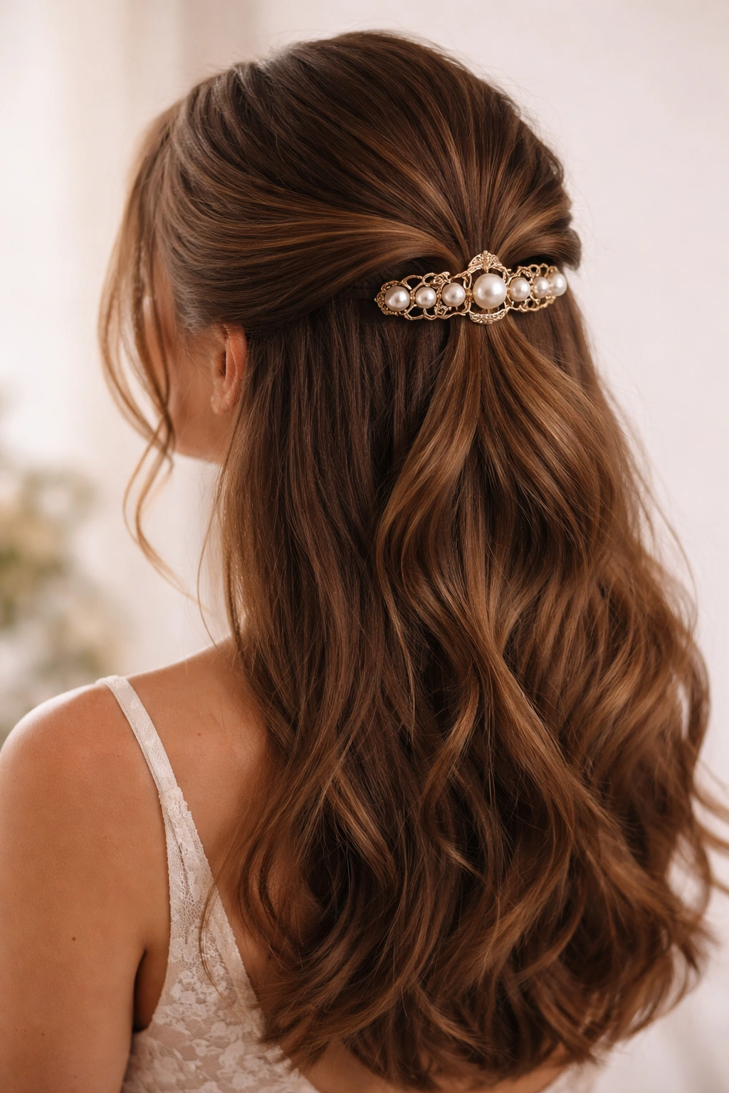 Rolled crown section secured by a claw clip with lower hair down