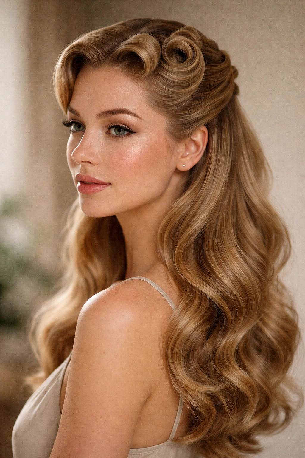 Close-up of a rolled half-up pin curl hairstyle with pinned crown and flowing waves.