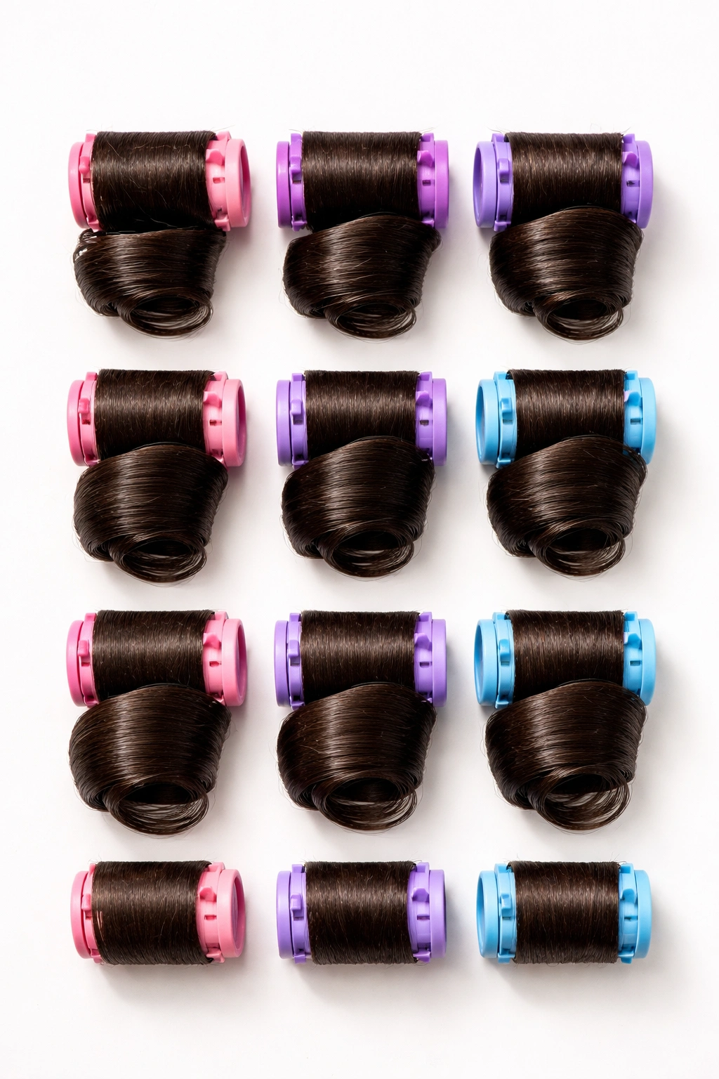 Foam rollers with hair wrapped around them in a flat lay.