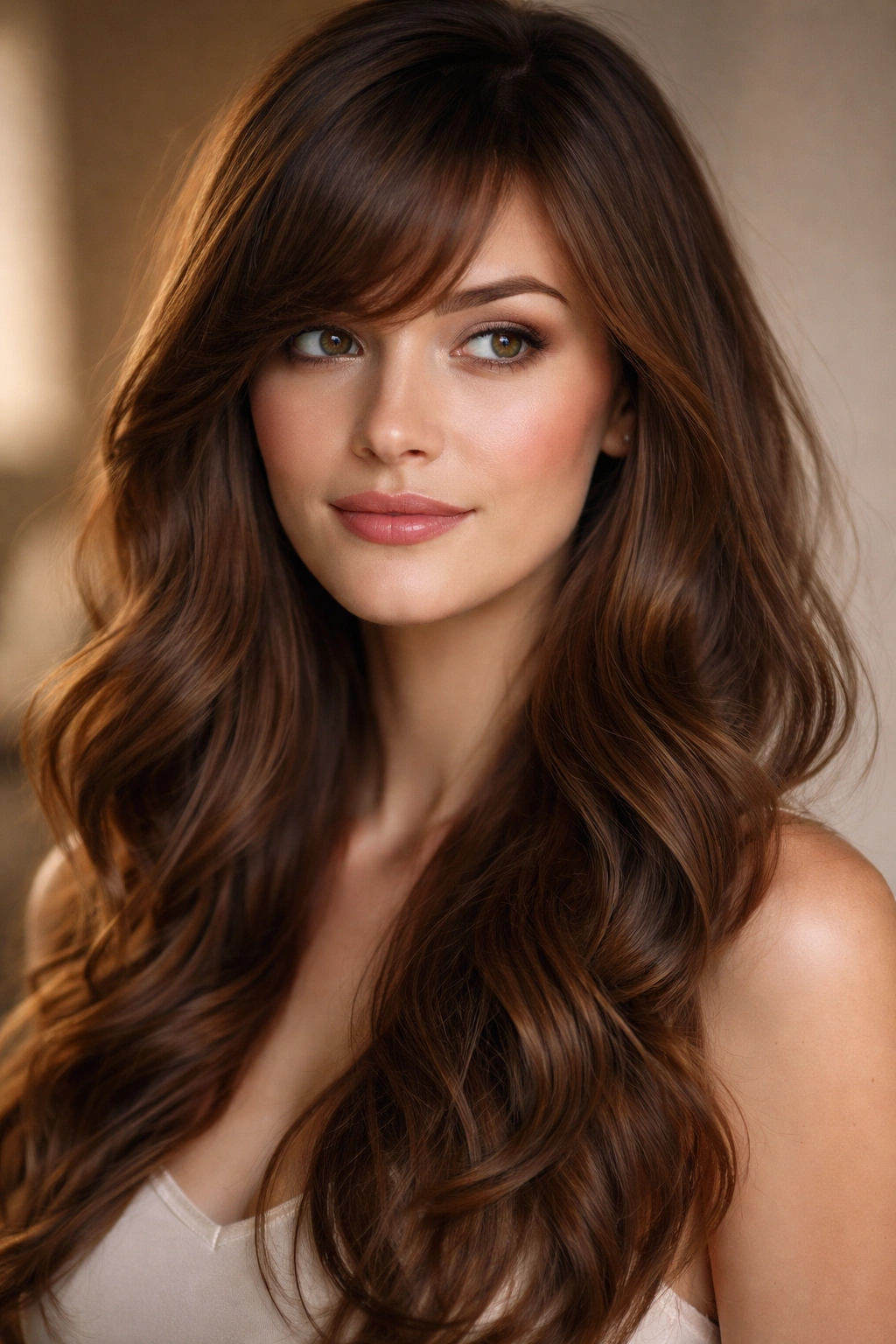 Close-up of romantic side-swept bangs with cascading waves on a square-faced subject in soft studio lighting