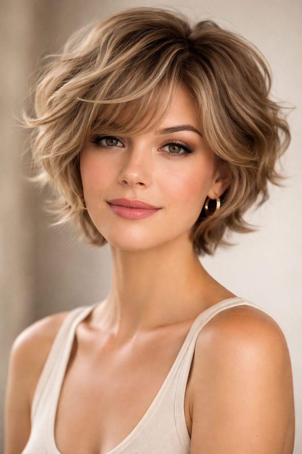 Portrait of a person with a romantic, voluminous wavy bixie hairstyle.
