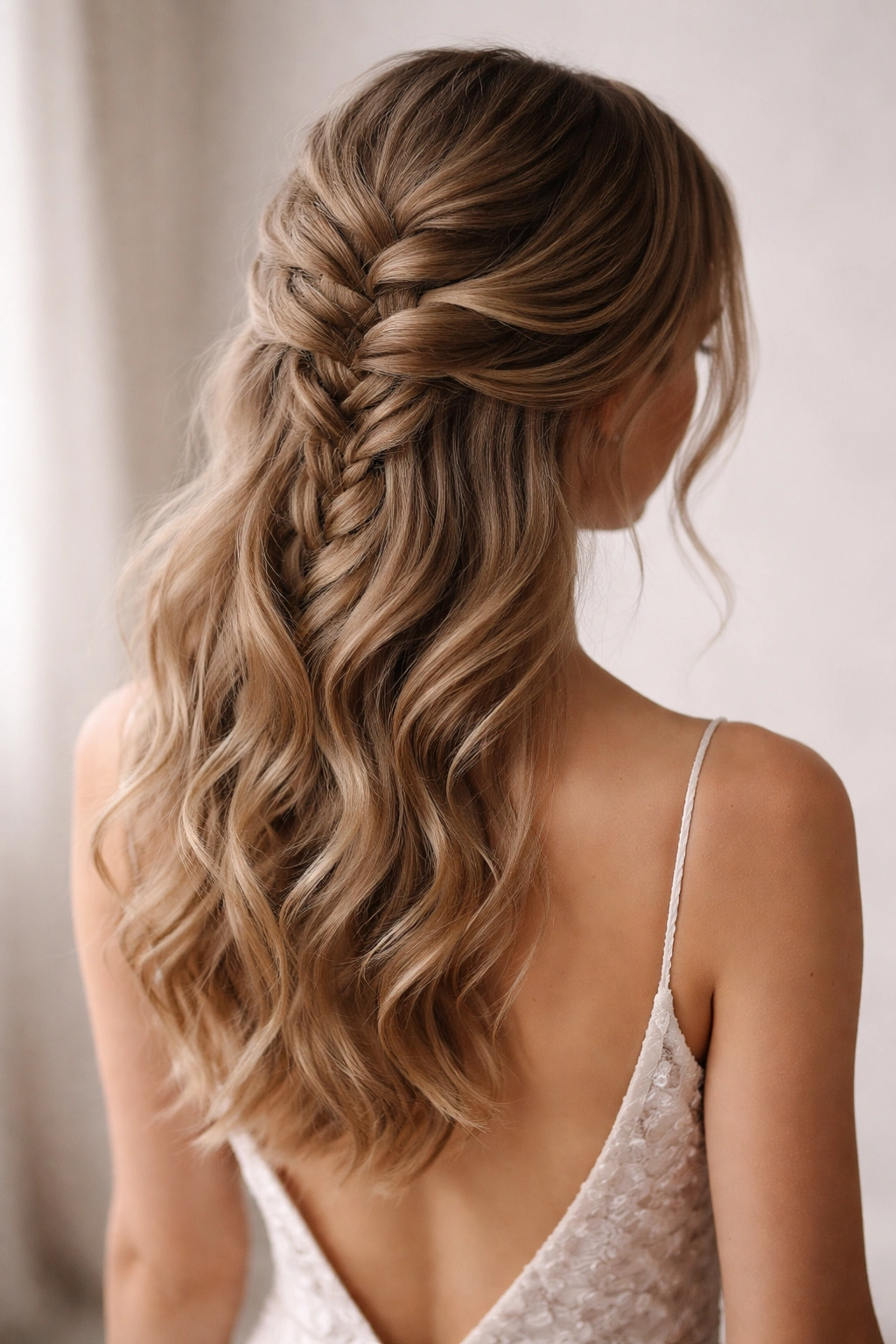 Back view of hair with a Dutch braid and wave overlay
