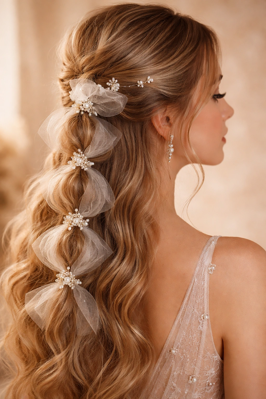 Romantic bubble braid with tulle and beads for elegant detail