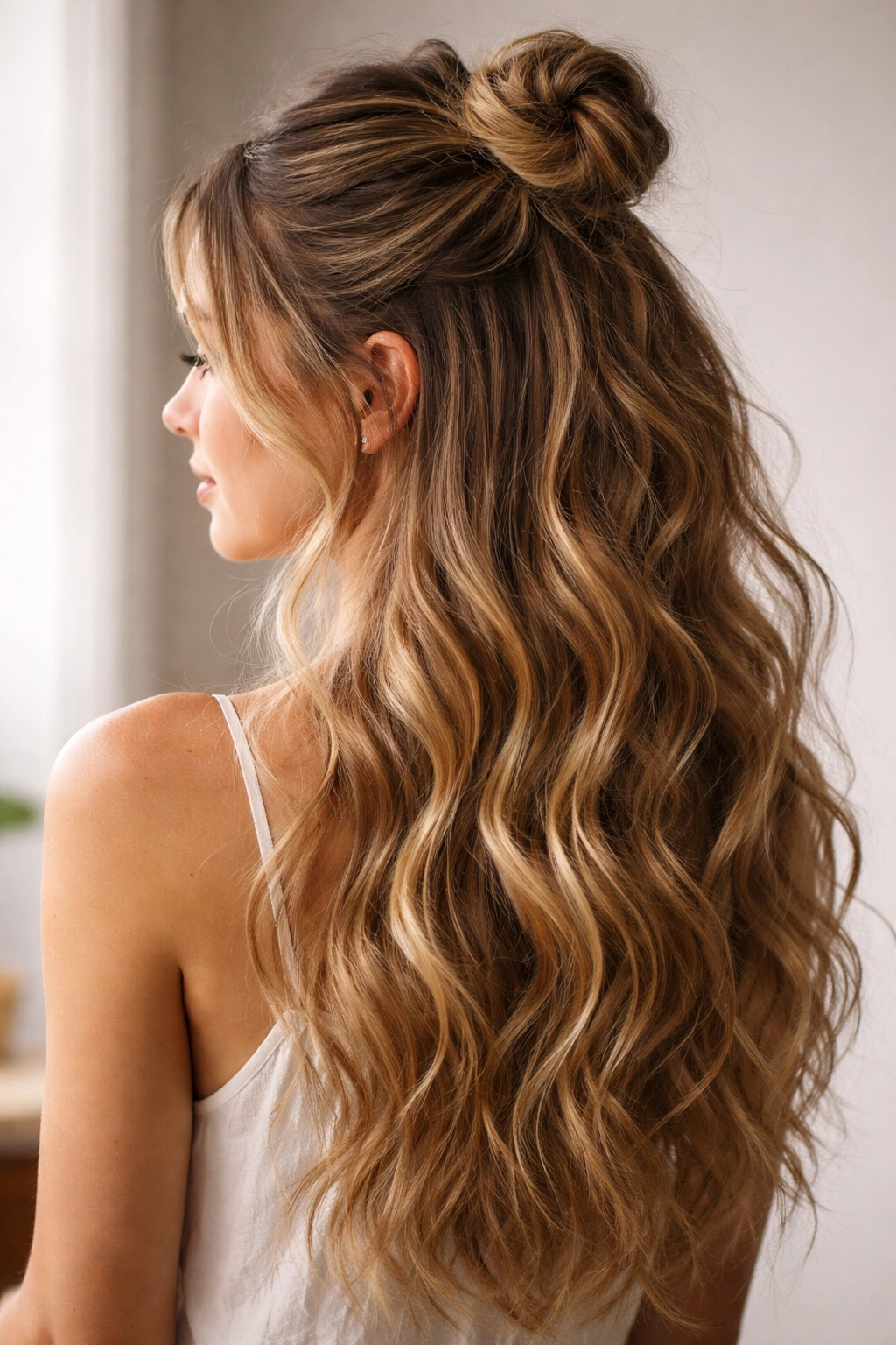 Loose crown bun with waves cascading below for a romantic half-up.