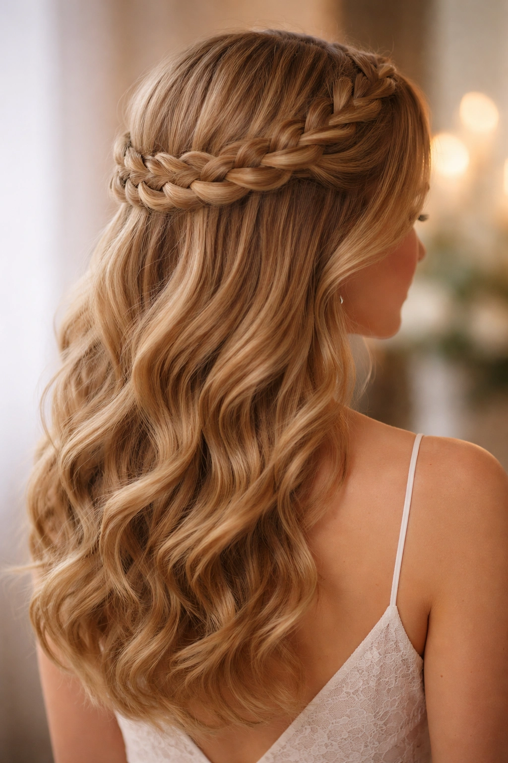 Profile view of a romantic crown braid with soft waves down the back