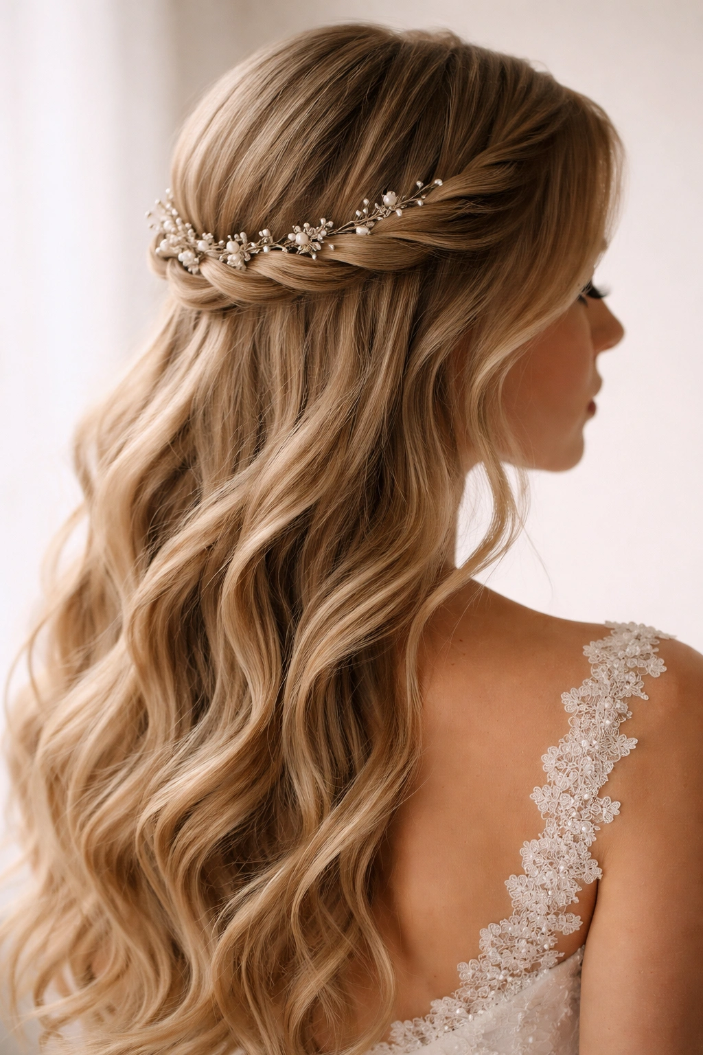 Close-up of a romantic crown twist forming a head-hugging frame