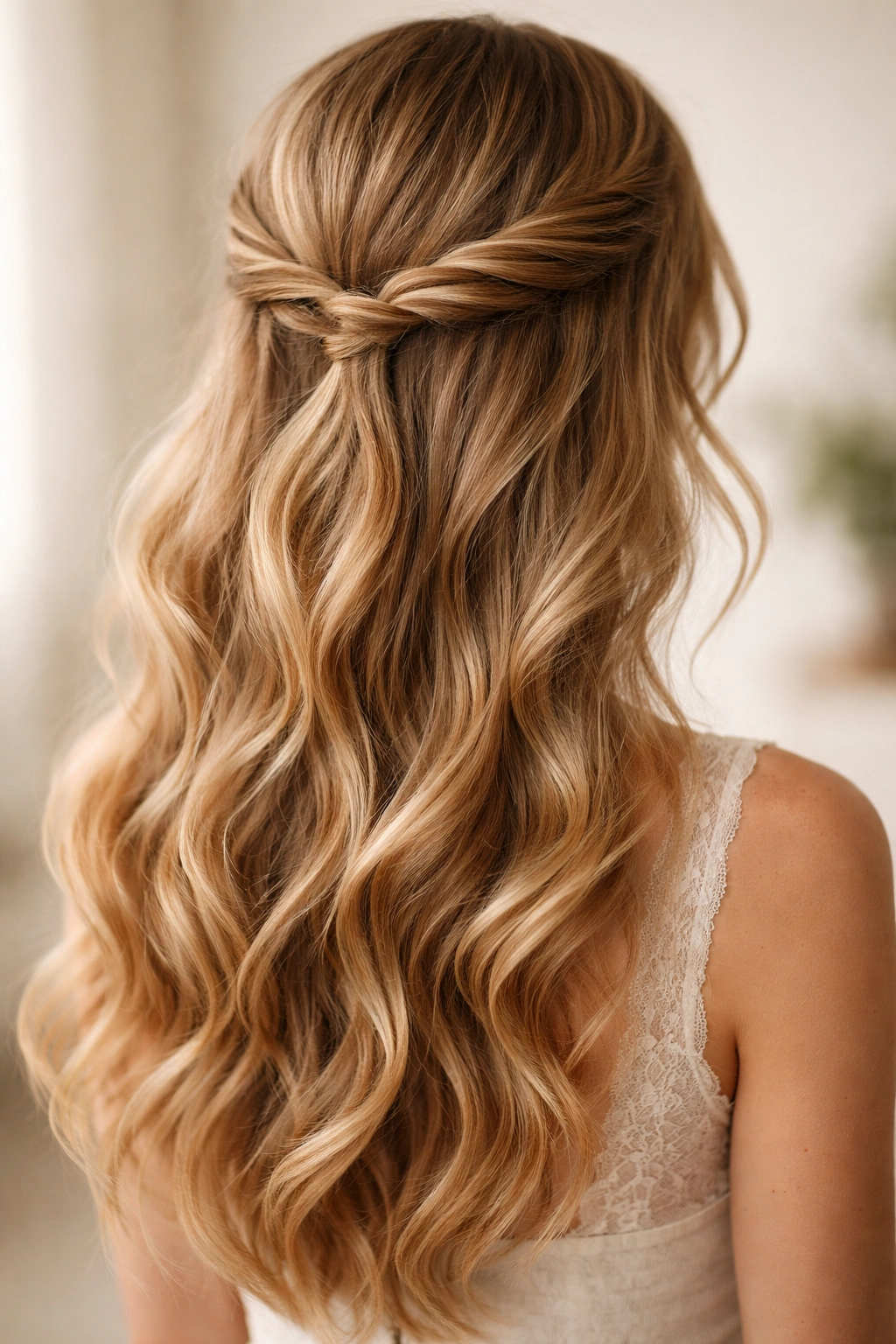 Close-up of a romantic twisted crown hairstyle with two loose twists at the temples