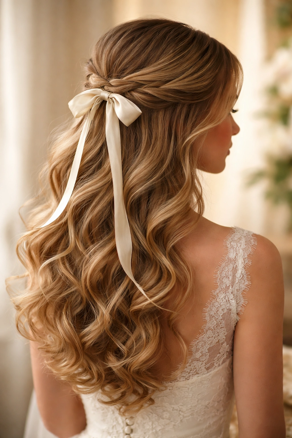 Romantic curls with a ribbon woven through half-up hairstyle