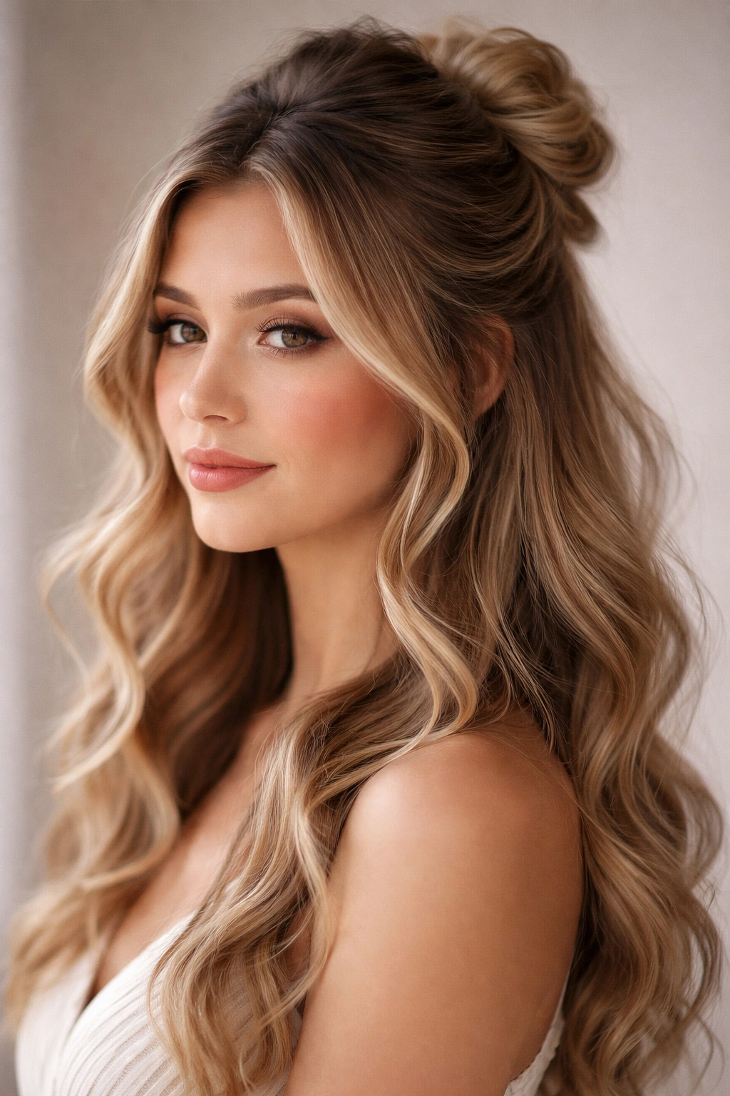 Head-and-shoulders portrait of a romantic curled half bun with loose curls