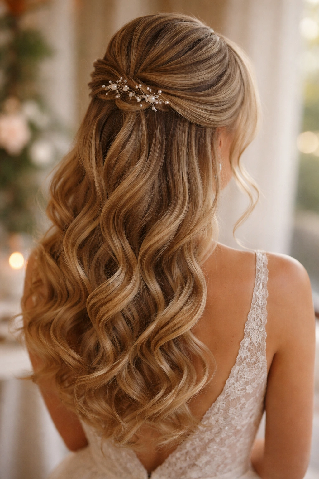 Close-up of Romantic Curled Half Up with soft curls and gathered top