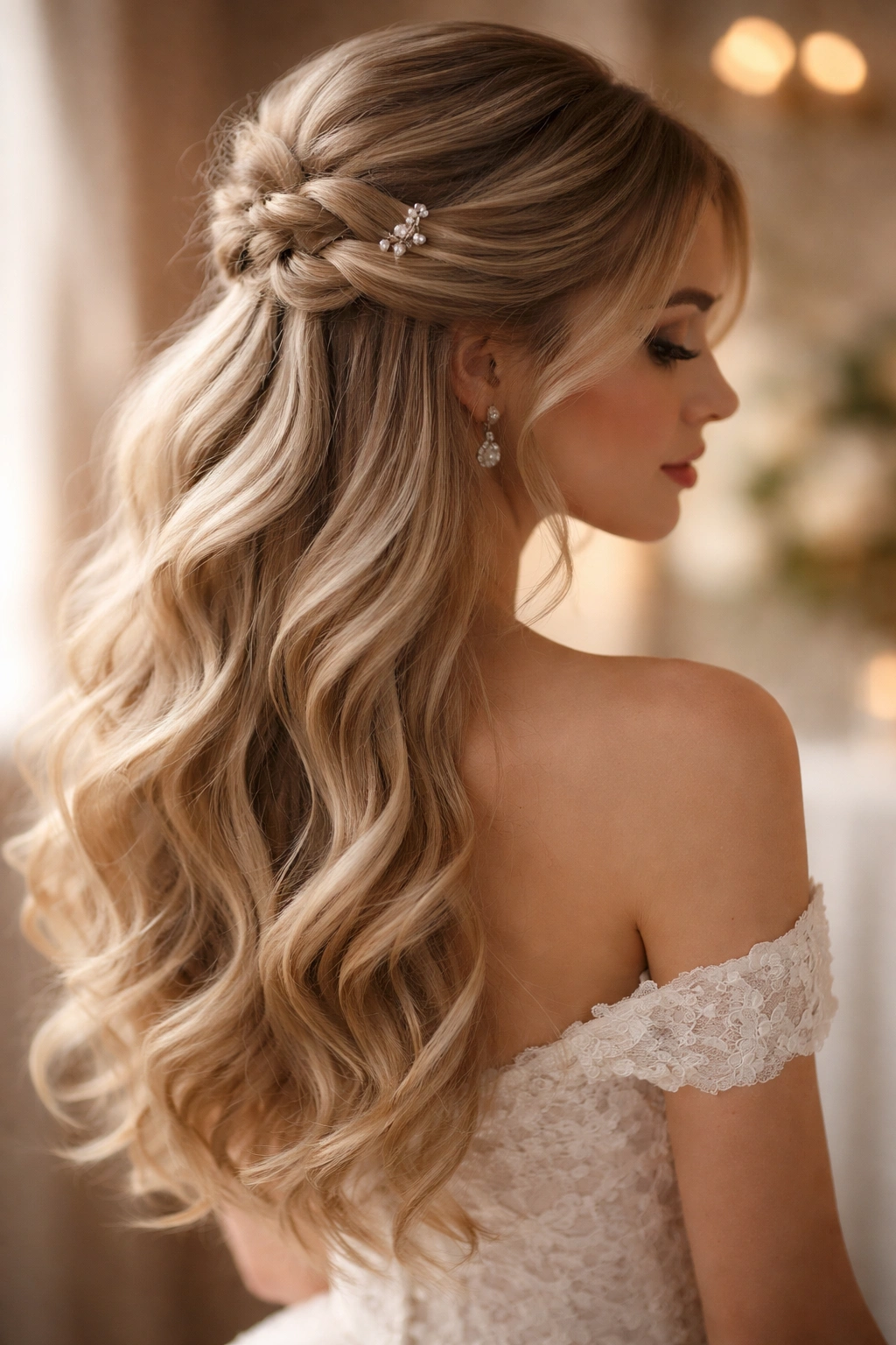 Soft romantic curled half-up hairstyle with flowing waves