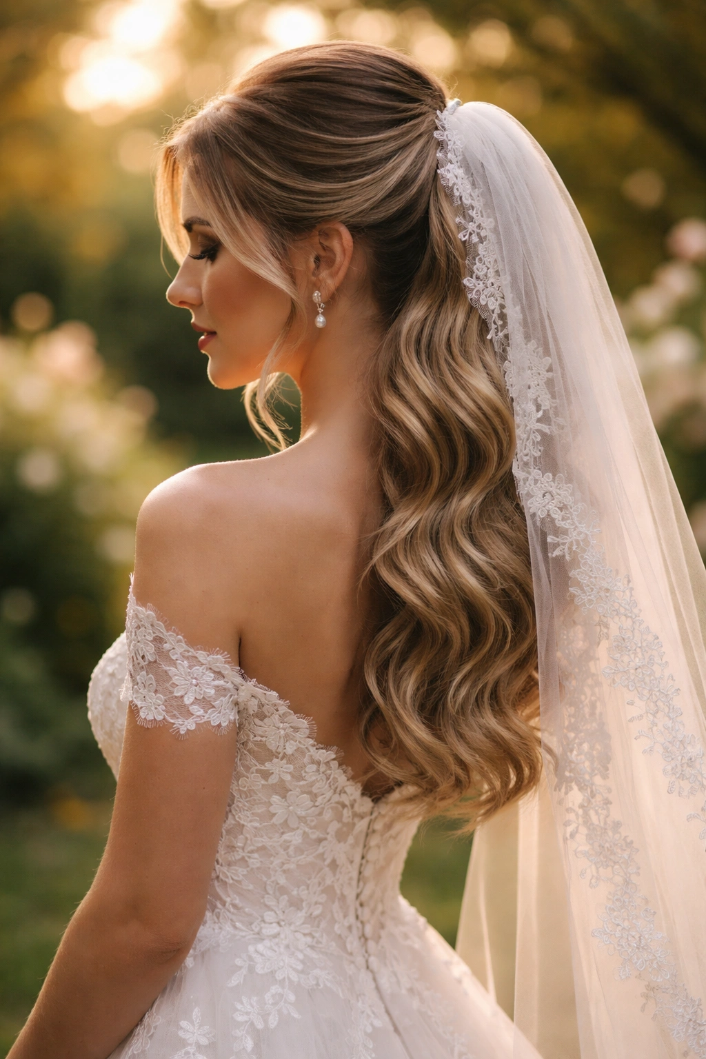 Romantic curled ponytail with soft tulle and lace veil in golden-hour light