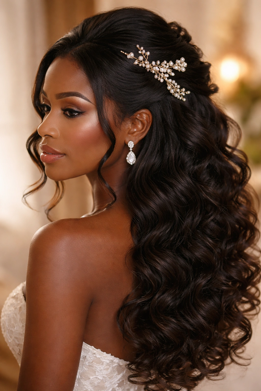 Romantic curls half-up with delicate accessories