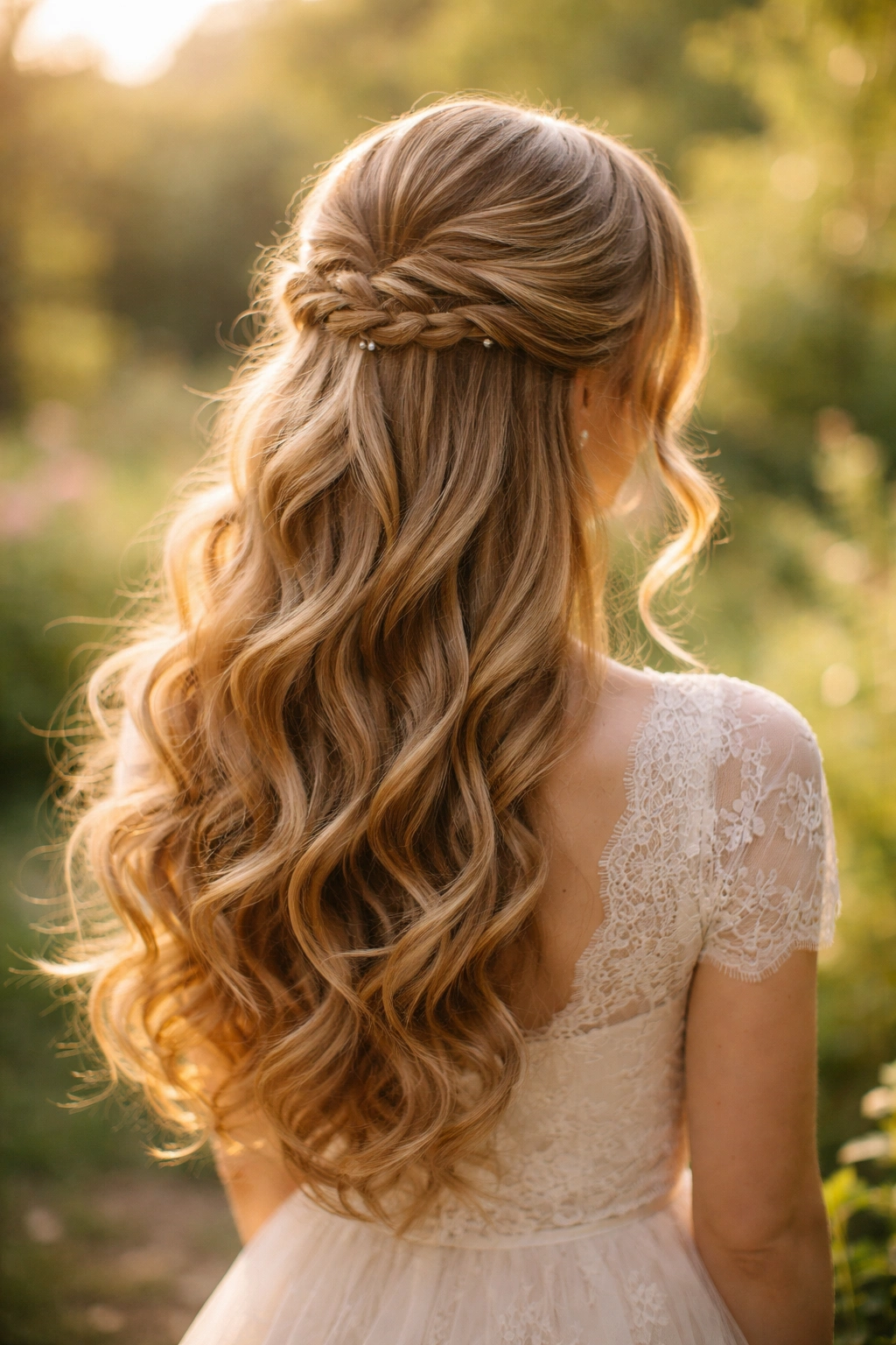 Close-up of romantic curled half-up hairstyle with flowing waves