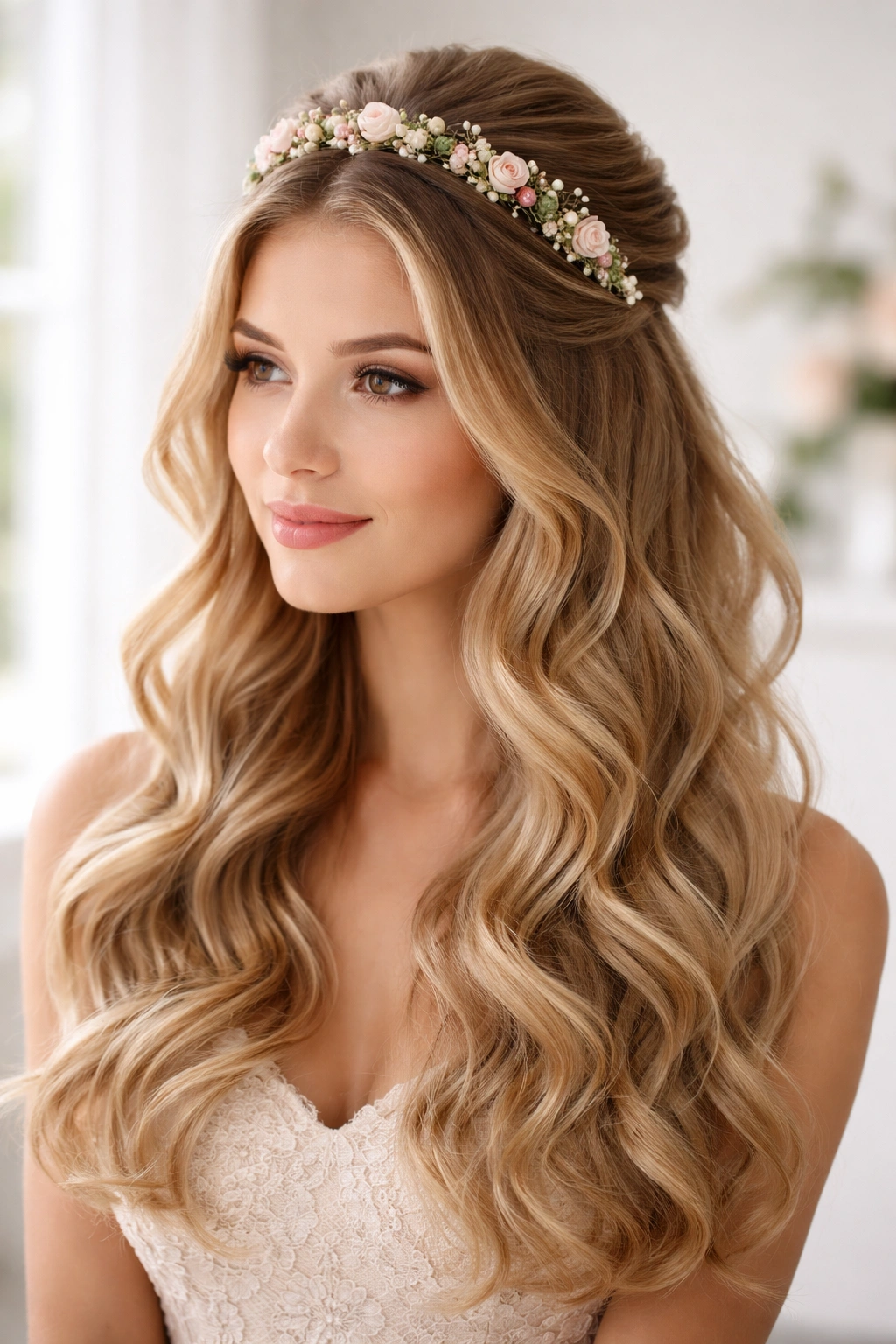 Soft curls with floral headband half-up wig
