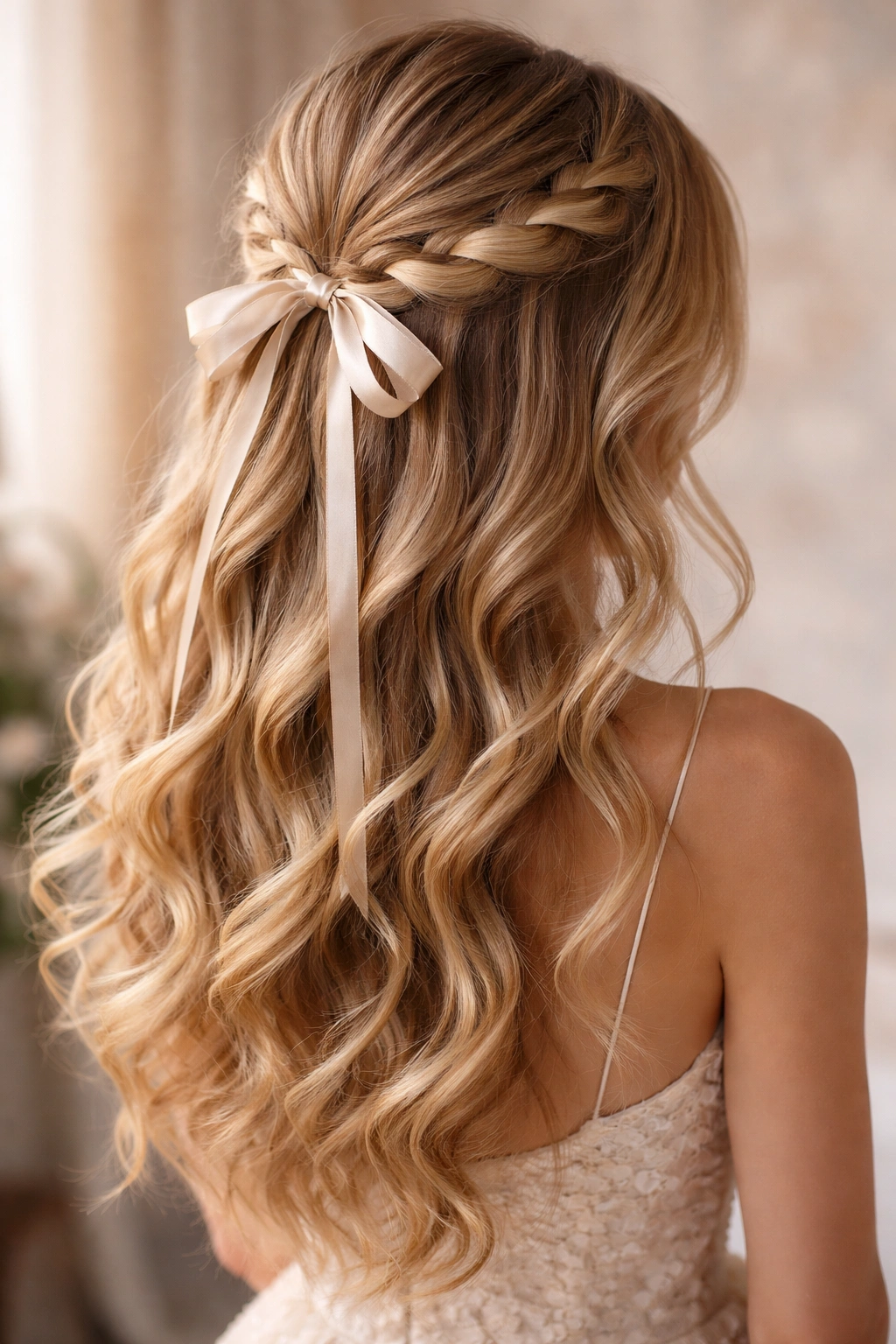 Romantic curls with satin ribbon woven through top half