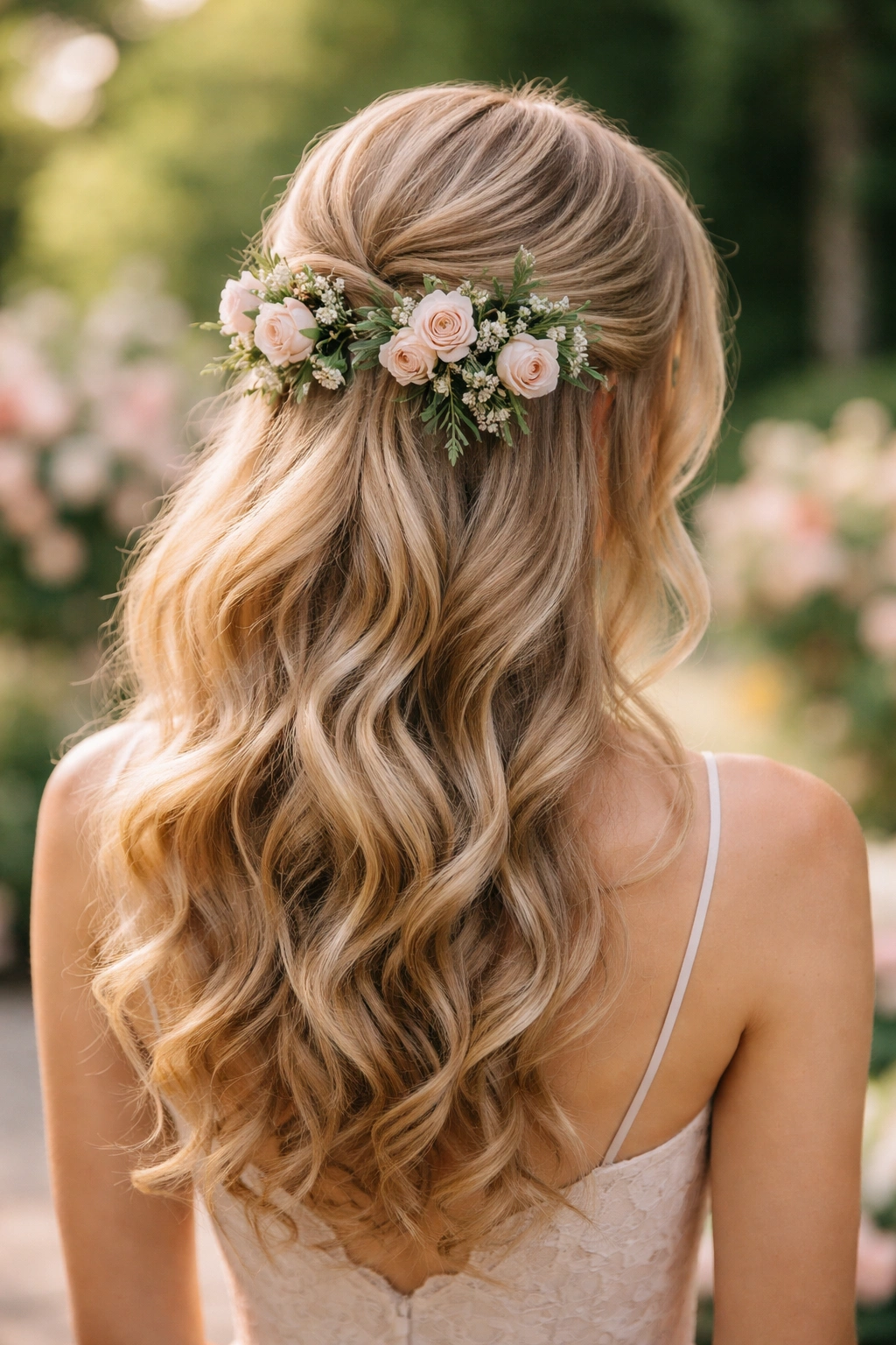 Close-up of a bridesmaid's hair with curls and spray roses in a garden wedding setting