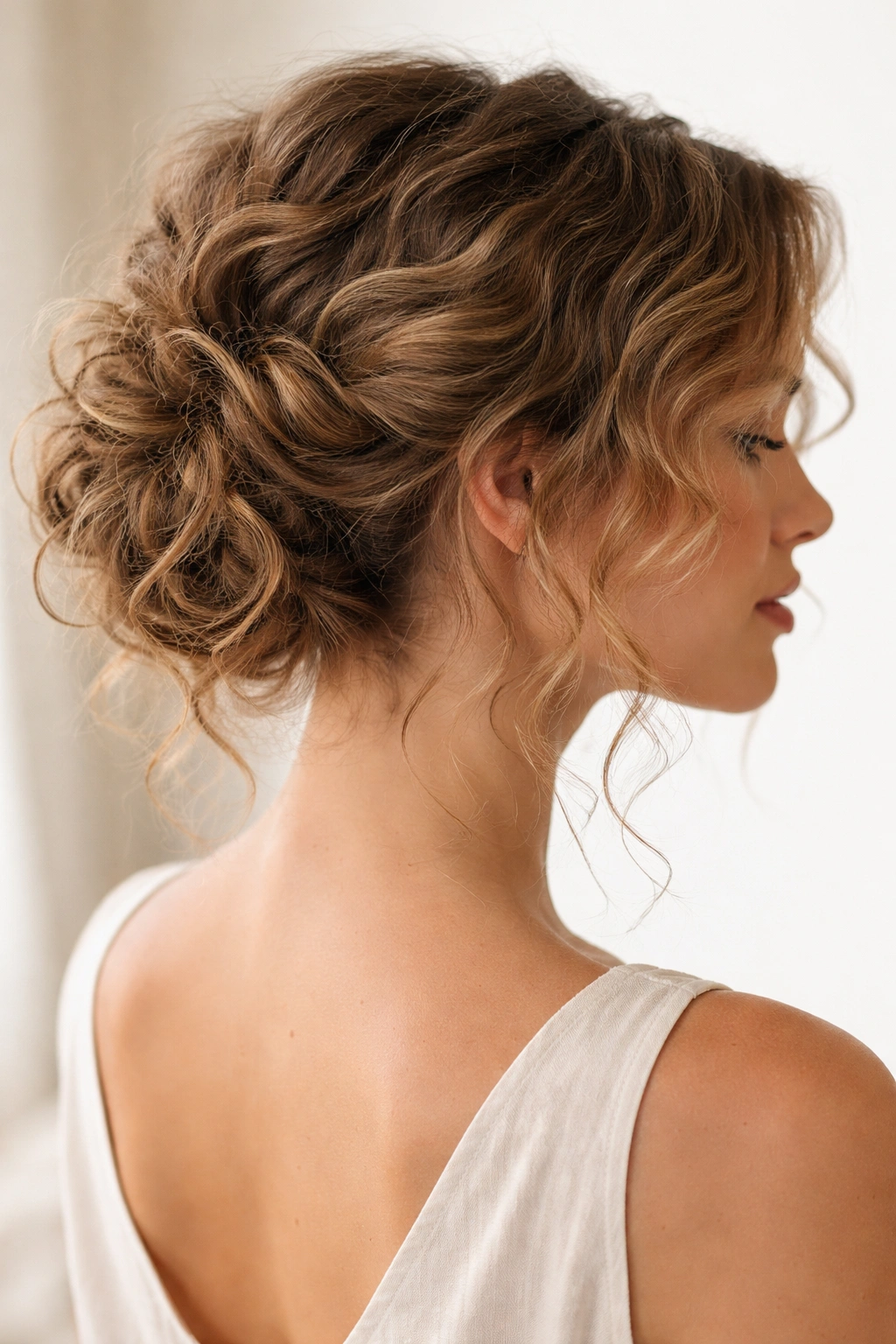 Soft romantic curly updo with gathered curls and textured twist