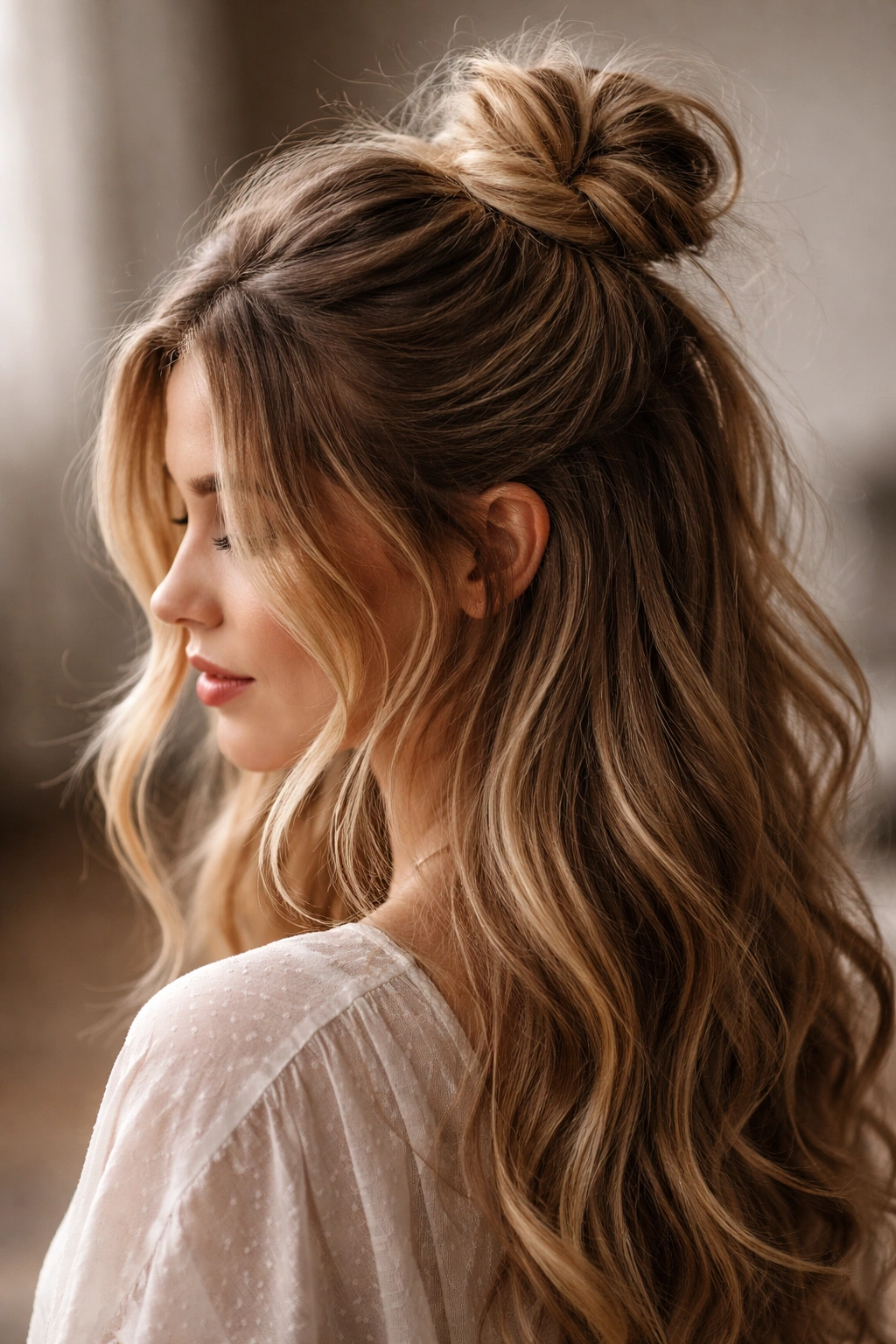 Crown-level messy half bun with loose face-framing pieces.