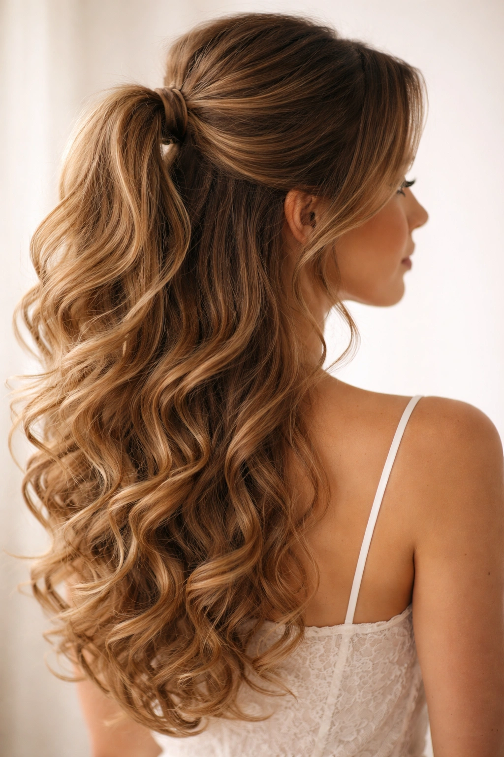 Romantic half ponytail with curls cascading from a loosely gathered half
