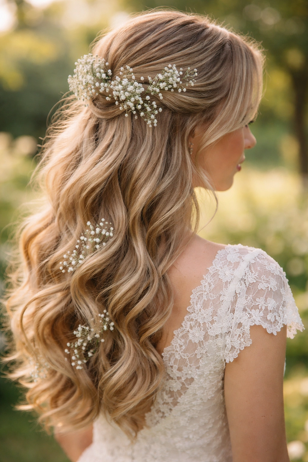 Romantic Half-Up with Baby's Breath hairstyle woven with baby's breath flowers